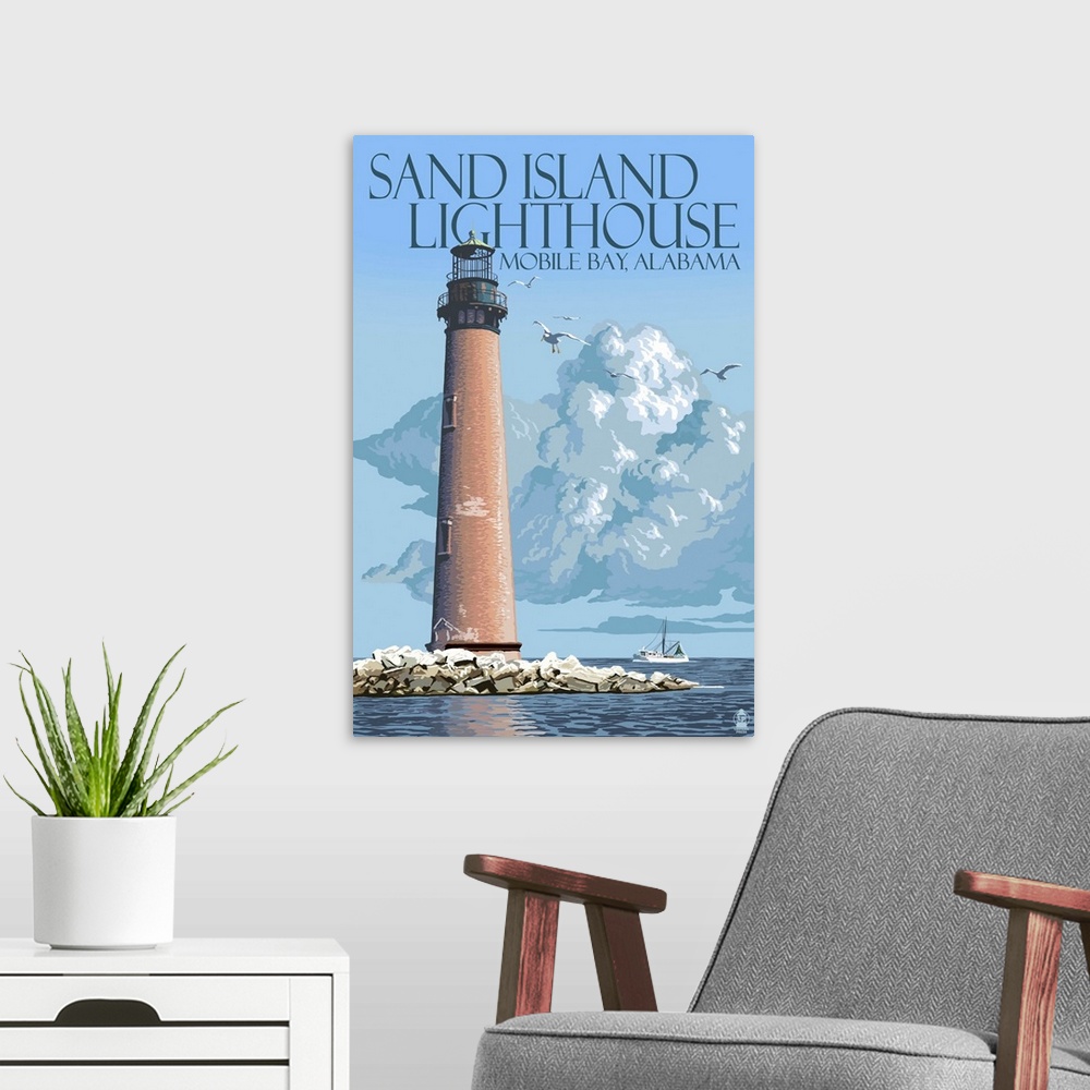 A modern room featuring Sand Island Lighthouse - Mobile Bay, Alabama: Retro Travel Poster