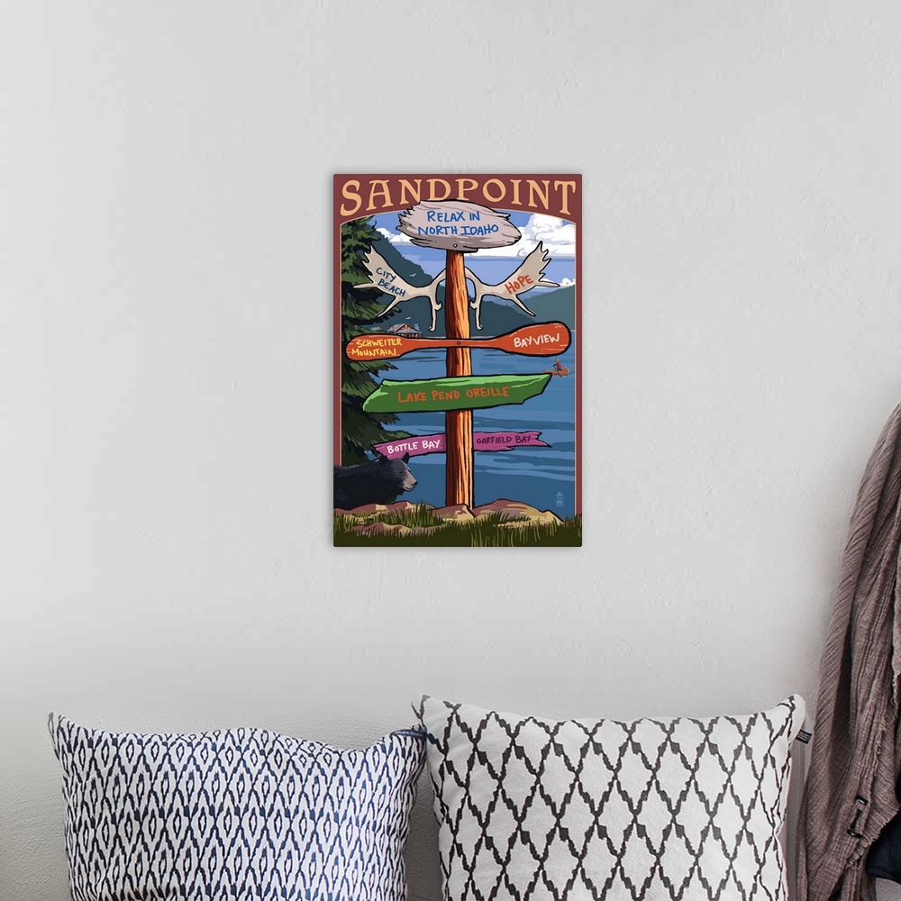 A bohemian room featuring Sandpoint, Idaho, Destination Signpost