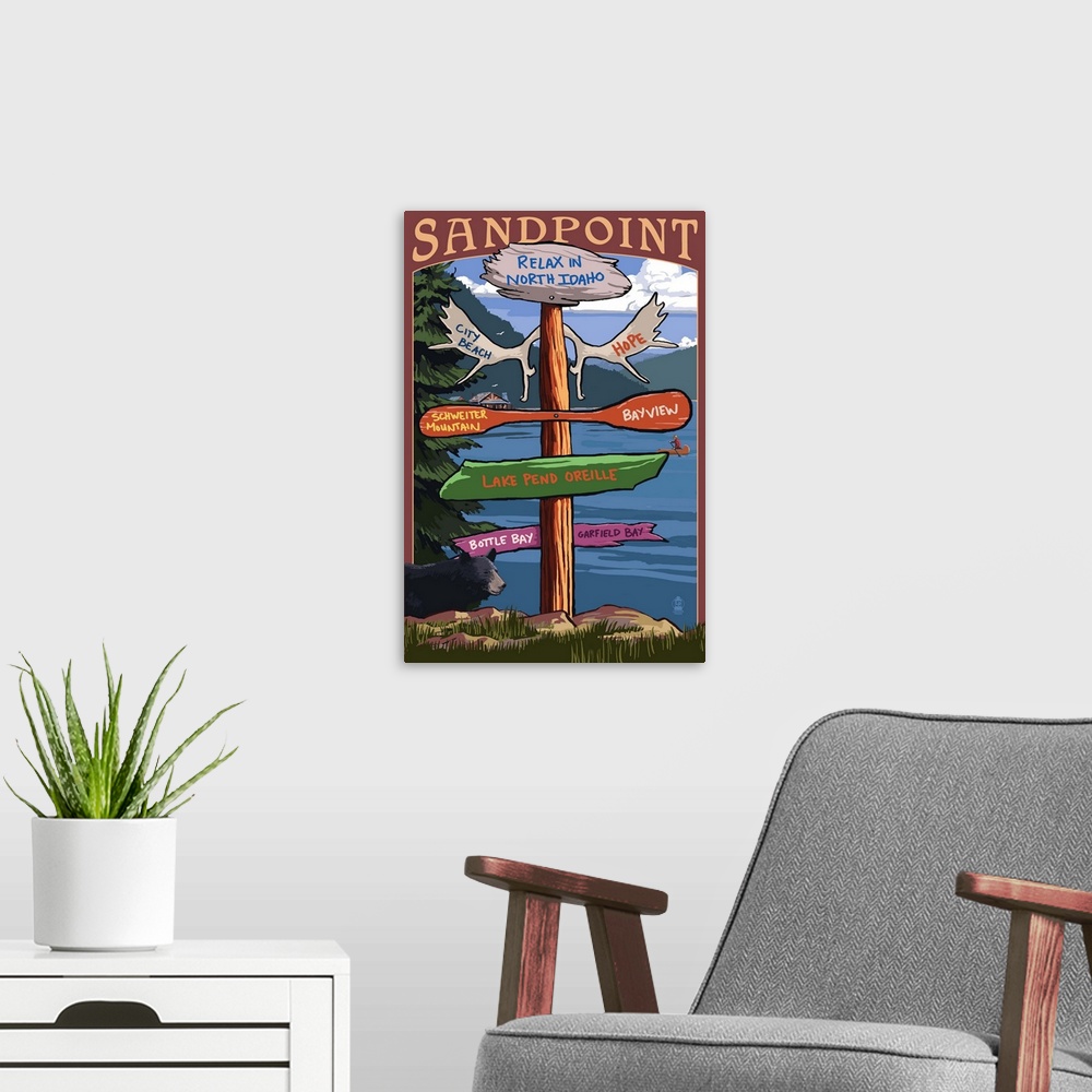 A modern room featuring Sandpoint, Idaho, Destination Signpost