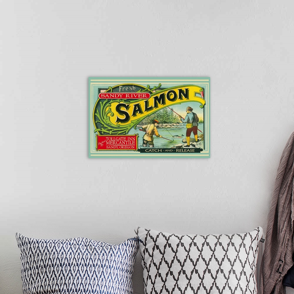 A bohemian room featuring Sandy, Oregon - Tollgate Inn Mercantile Salmon Label: Retro Travel Poster