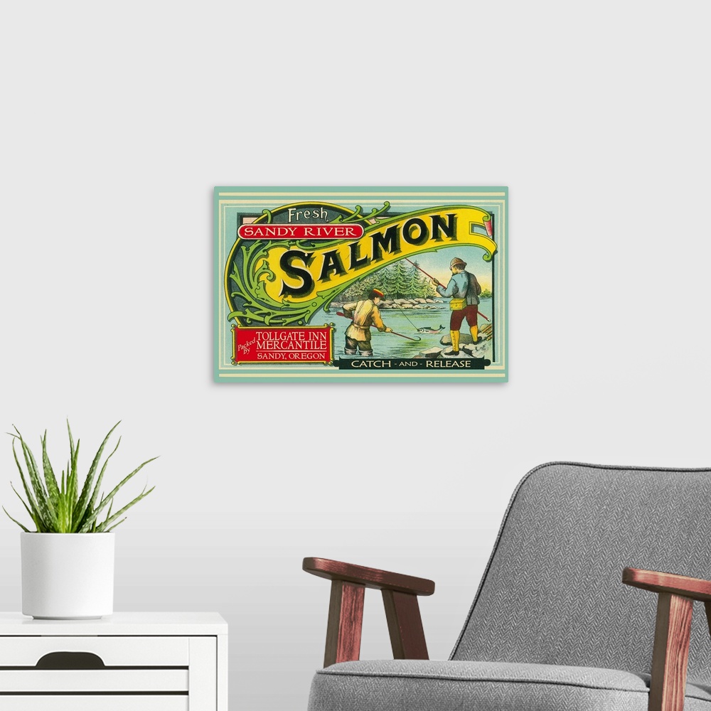 A modern room featuring Sandy, Oregon - Tollgate Inn Mercantile Salmon Label: Retro Travel Poster
