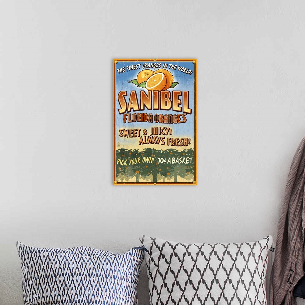 A bohemian room featuring Sanibel, Florida - Orange Grove Vintage Sign: Retro Travel Poster