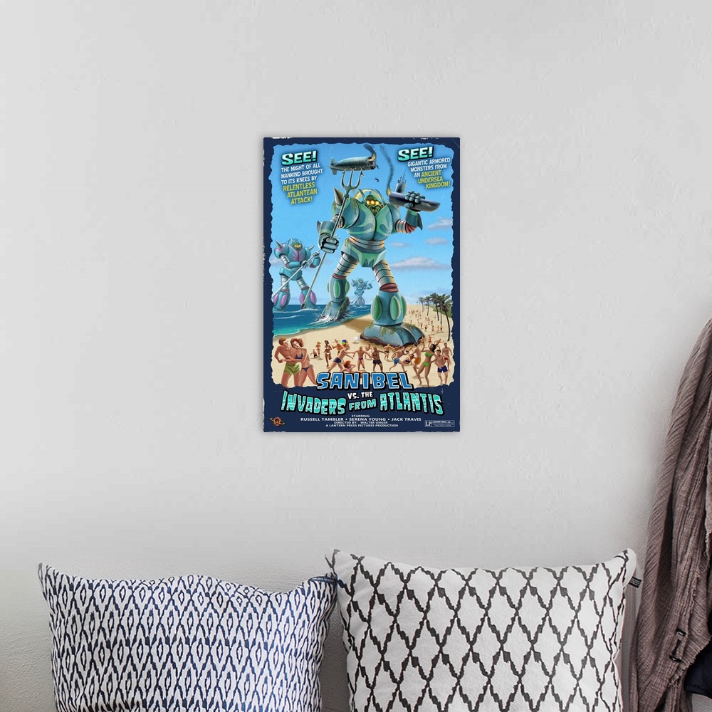 A bohemian room featuring Sanibel, Florida - Sanibel vs. Atlantean Invaders: Retro Travel Poster