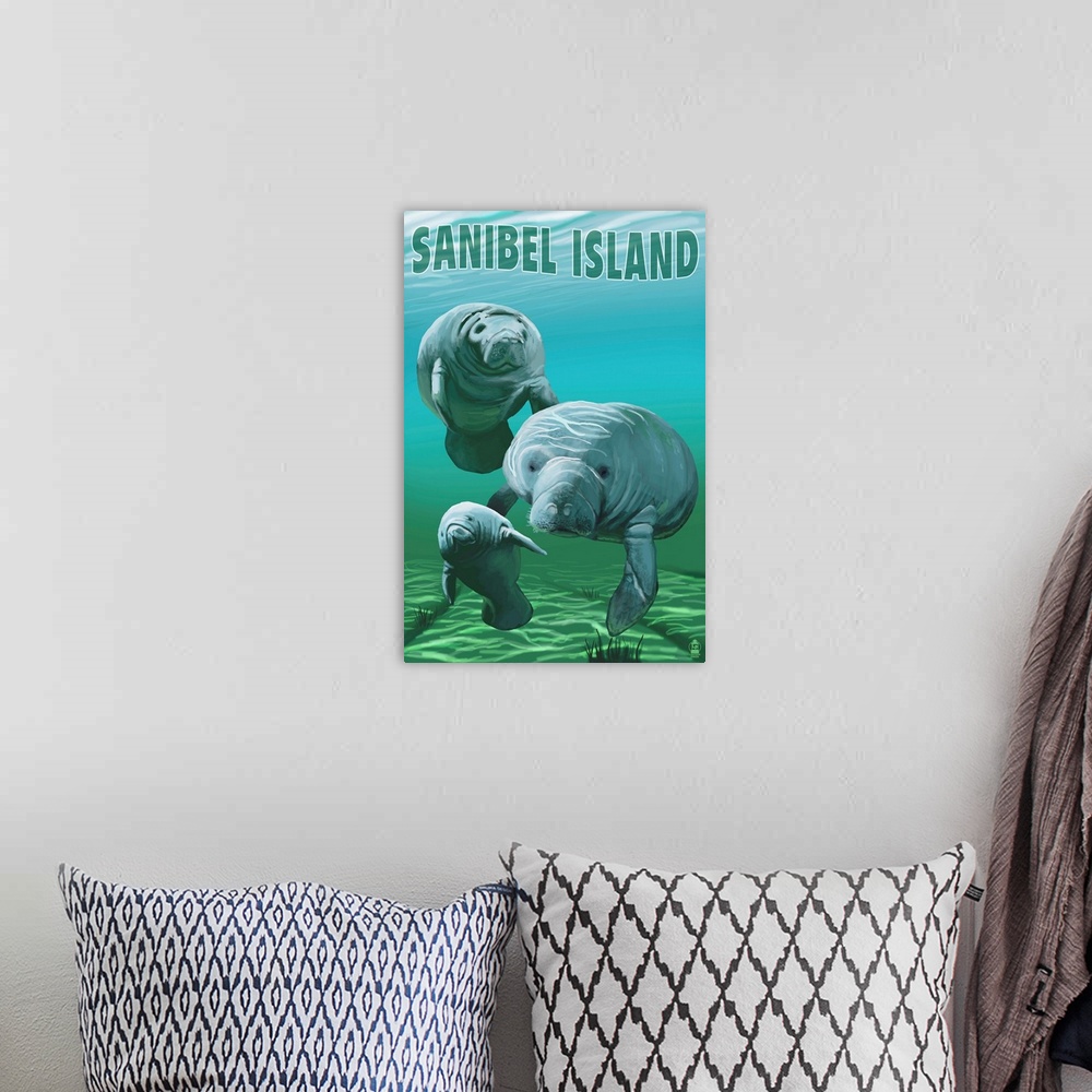 A bohemian room featuring Sanibel Island, Florida - Manatees: Retro Travel Poster