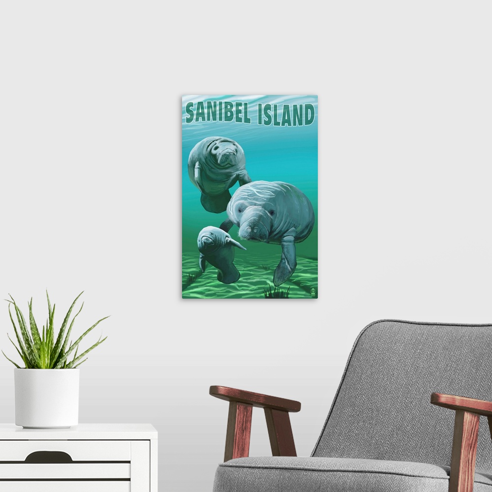 A modern room featuring Sanibel Island, Florida - Manatees: Retro Travel Poster