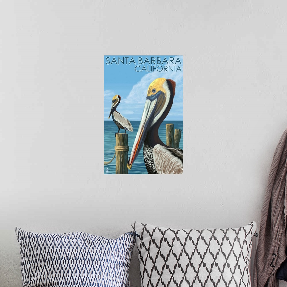 A bohemian room featuring Retro stylized art poster of two pelicans on wooden posts.