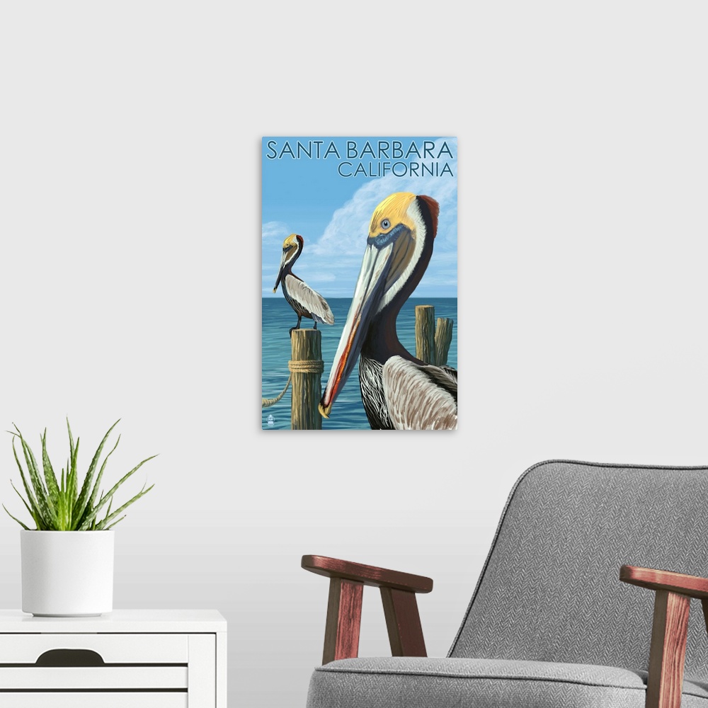 A modern room featuring Retro stylized art poster of two pelicans on wooden posts.