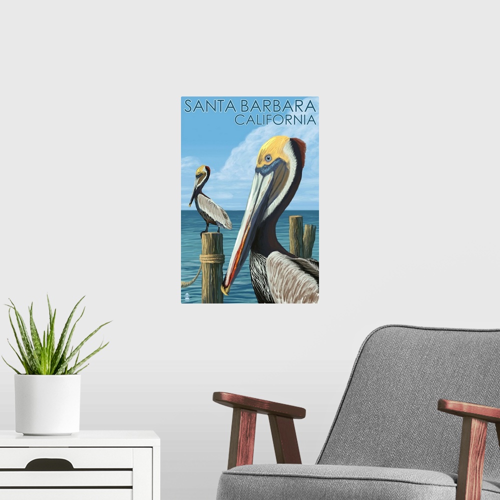 A modern room featuring Retro stylized art poster of two pelicans on wooden posts.