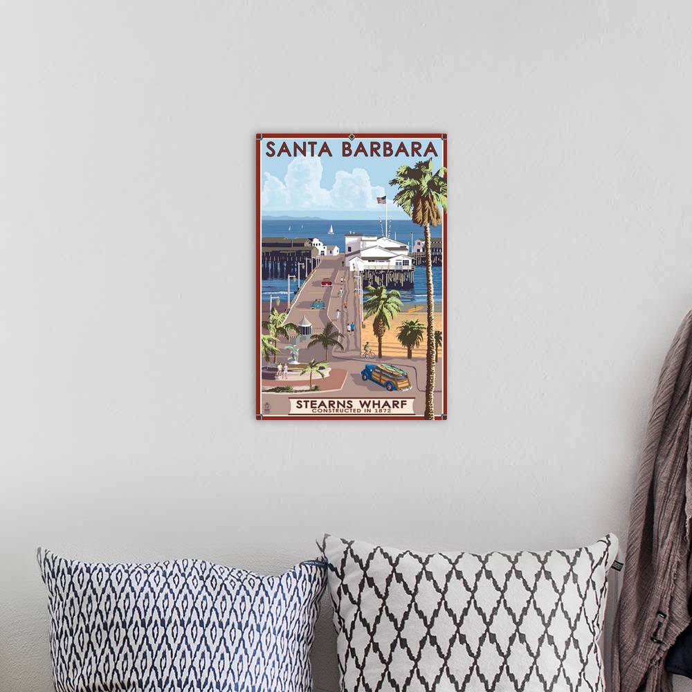 A bohemian room featuring Santa Barbara, California - Stern's Wharf: Retro Travel Poster