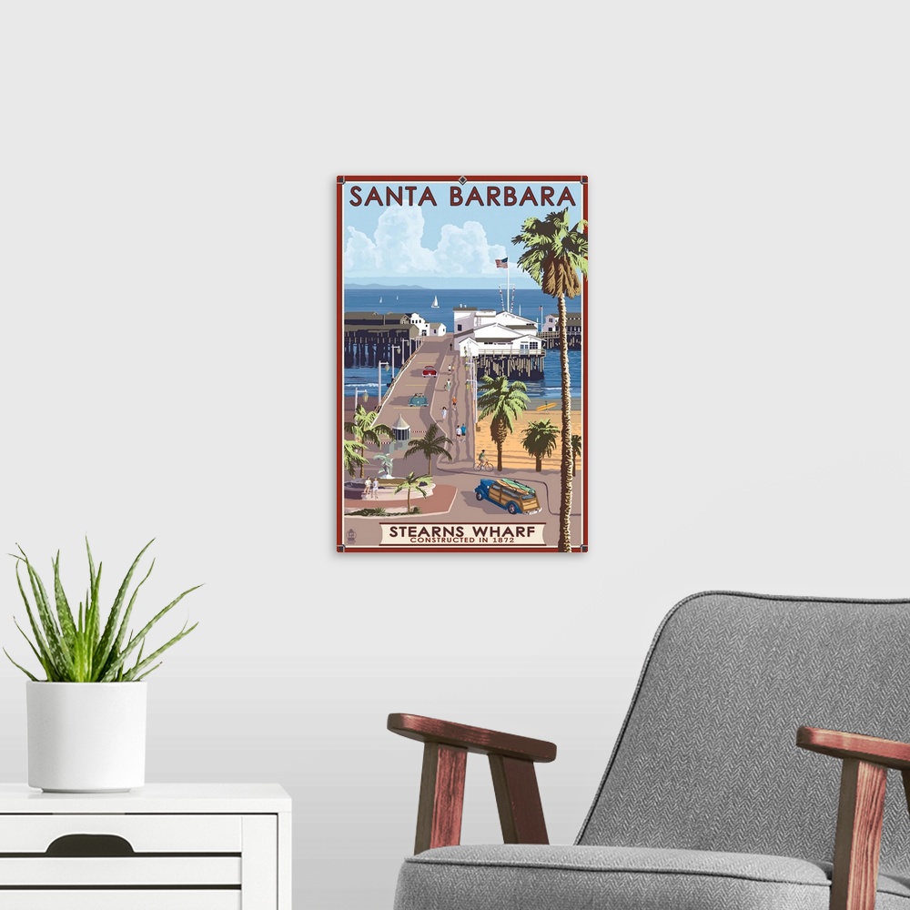 A modern room featuring Santa Barbara, California - Stern's Wharf: Retro Travel Poster