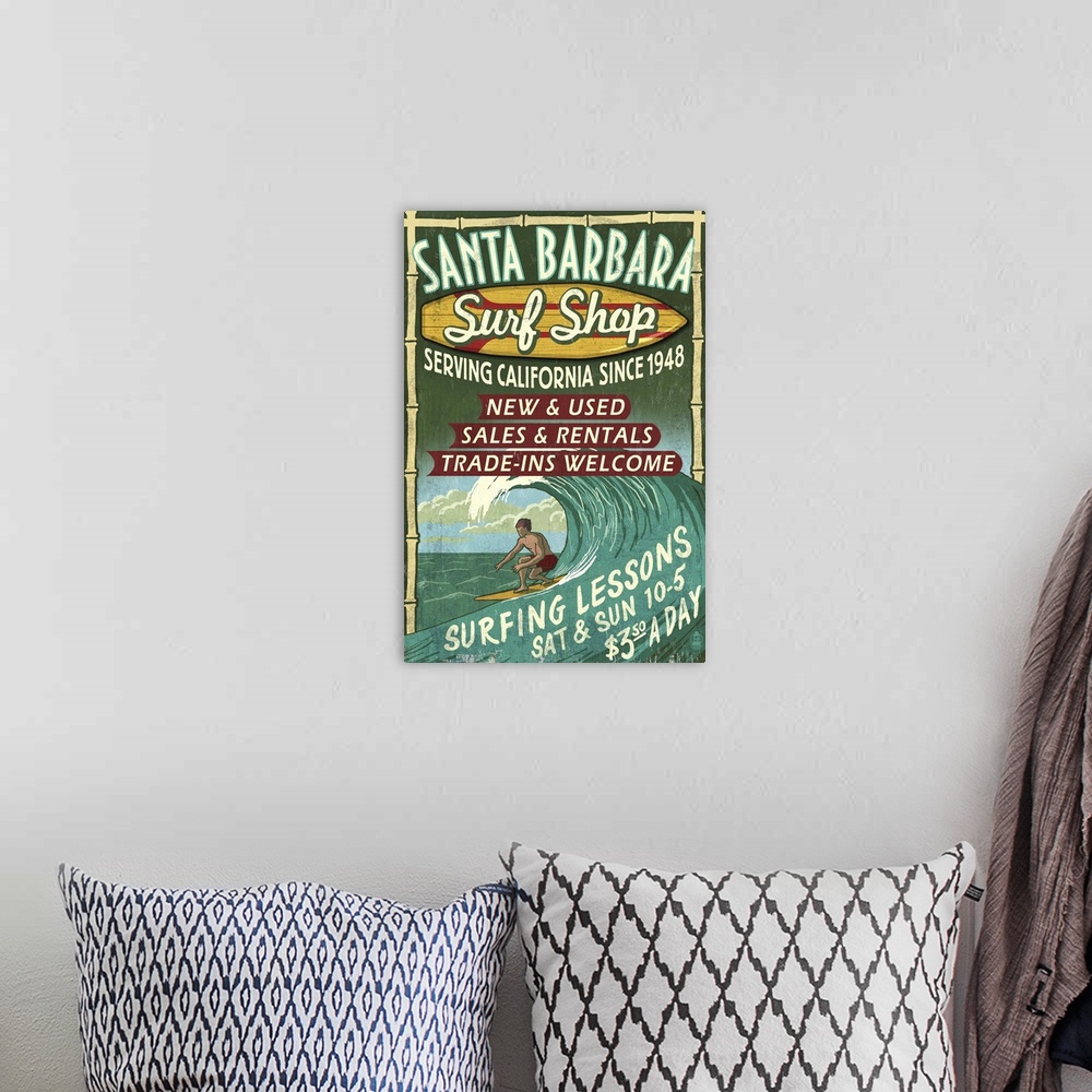 A bohemian room featuring Santa Barbara, California - Surf Shop Vintage Sign: Retro Travel Poster