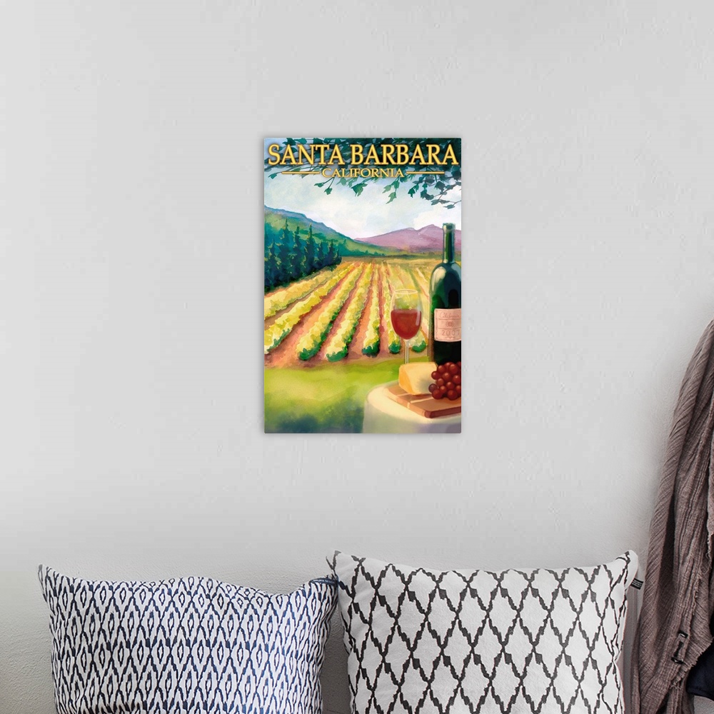 A bohemian room featuring Santa Barbara, California - Vineyard Scene: Retro Travel Poster