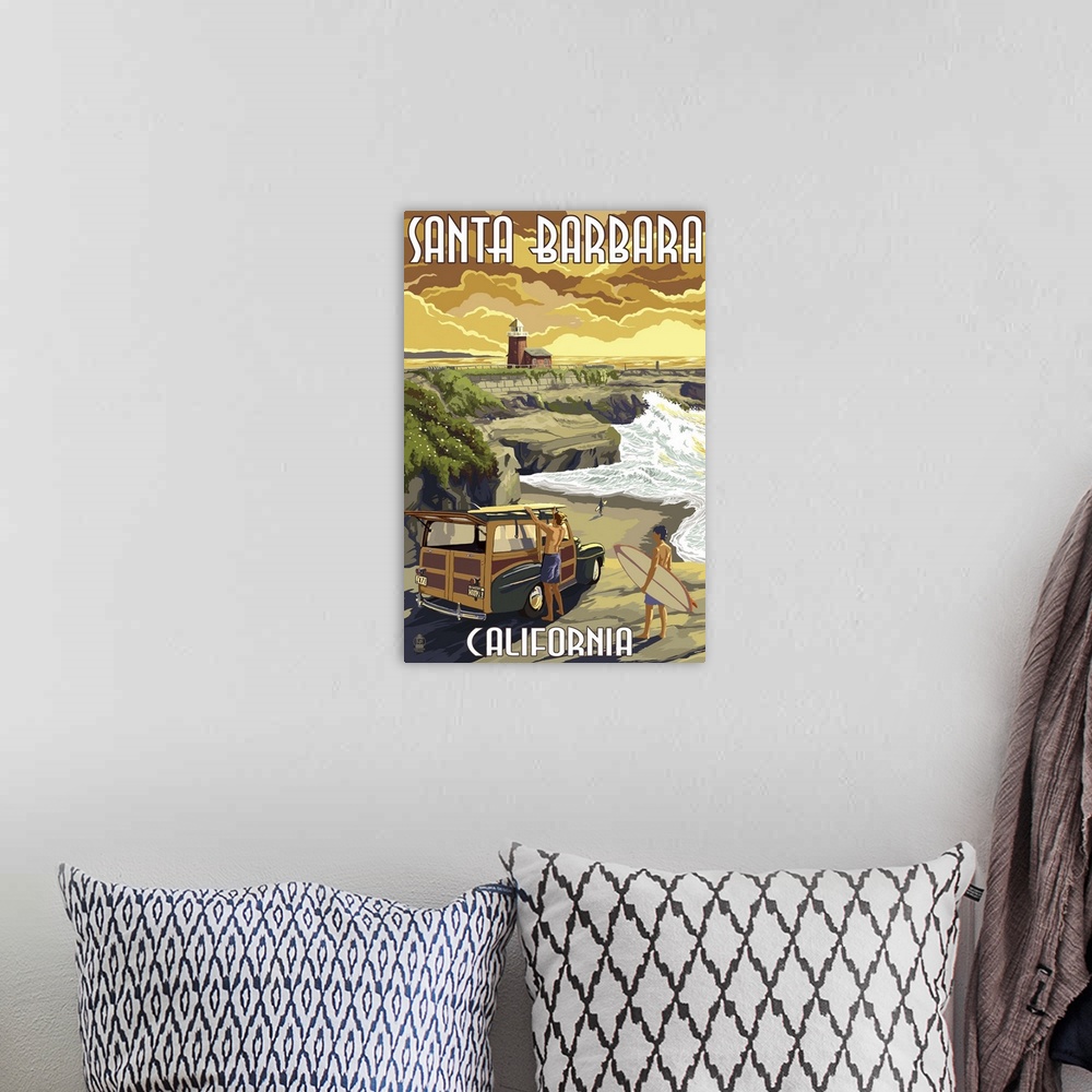 A bohemian room featuring Retro stylized art poster of surfers and a old car on the beach at sunset.