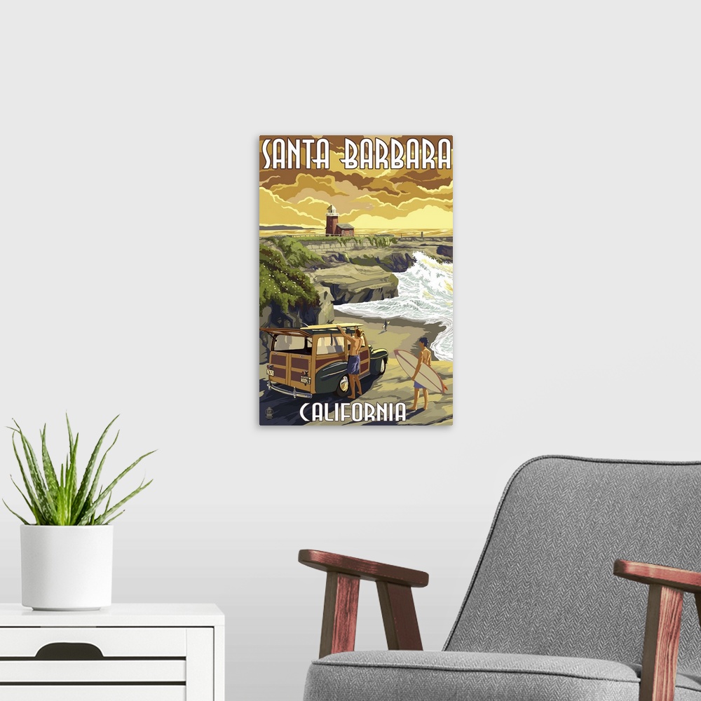 A modern room featuring Retro stylized art poster of surfers and a old car on the beach at sunset.