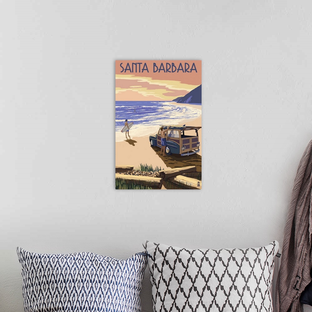 A bohemian room featuring Santa Barbara, California - Woody on Beach: Retro Travel Poster