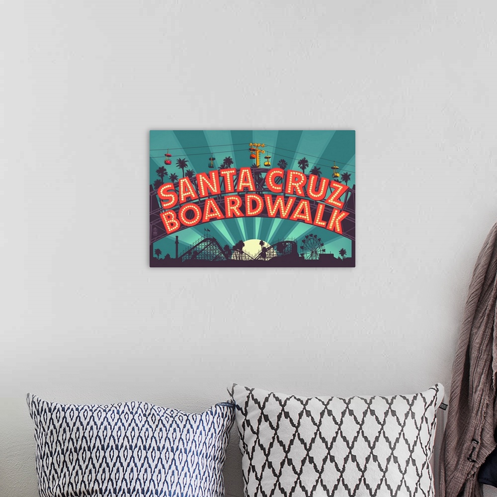 A bohemian room featuring Santa Cruz, California - Beach Boardwalk Sign at Night: Retro Travel Poster