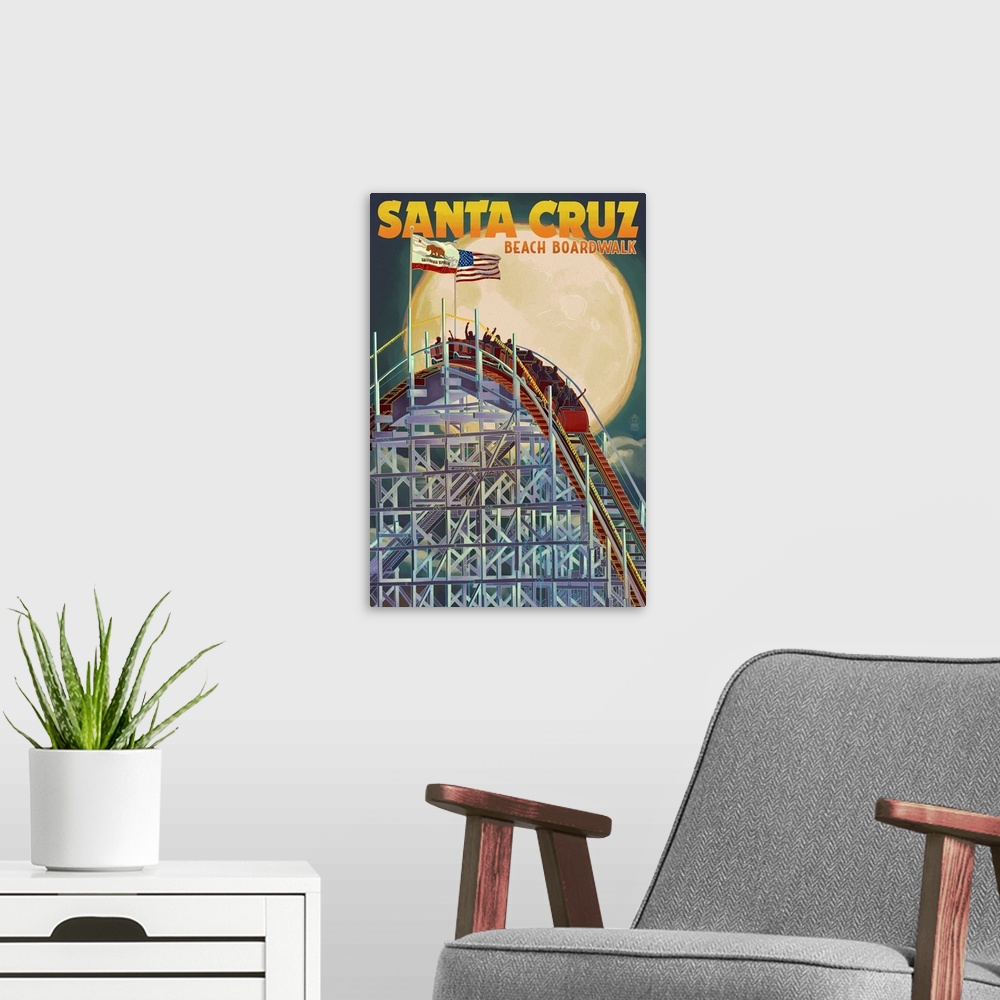 A modern room featuring Santa Cruz, California - Big Dipper Coaster and Moon: Retro Travel Poster