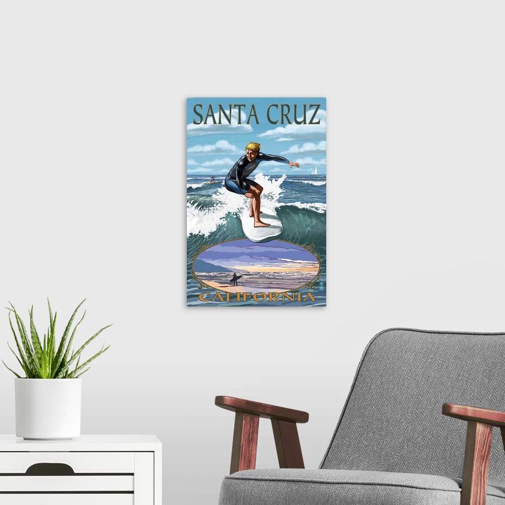 A modern room featuring Retro stylized art poster of a surfer riding a wave. With a vignette of a surfer walking along th...