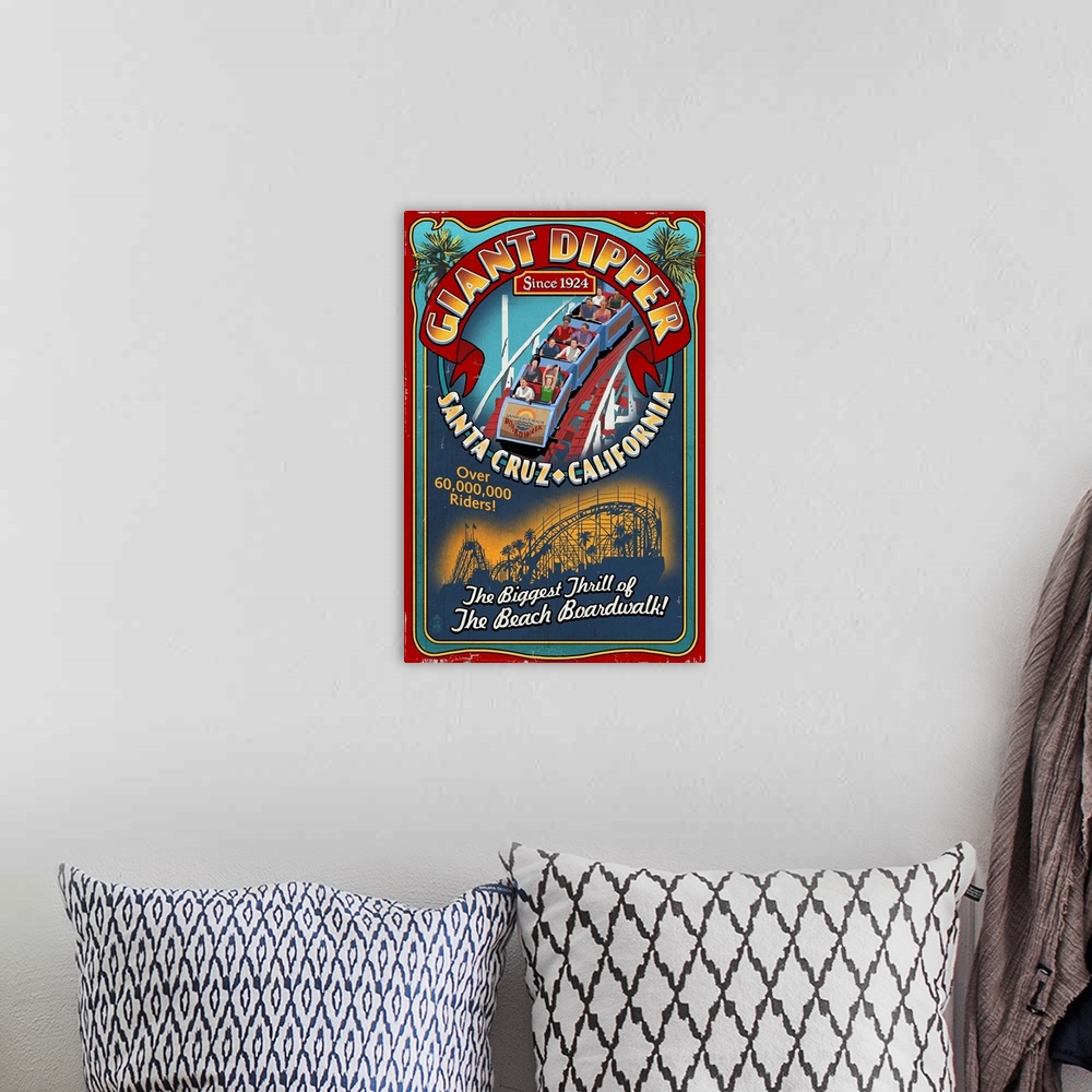 A bohemian room featuring Santa Cruz, California - Giant Dipper Roller Coaster Vintage Sign: Retro Travel Poster