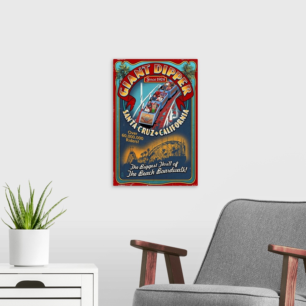 A modern room featuring Santa Cruz, California - Giant Dipper Roller Coaster Vintage Sign: Retro Travel Poster