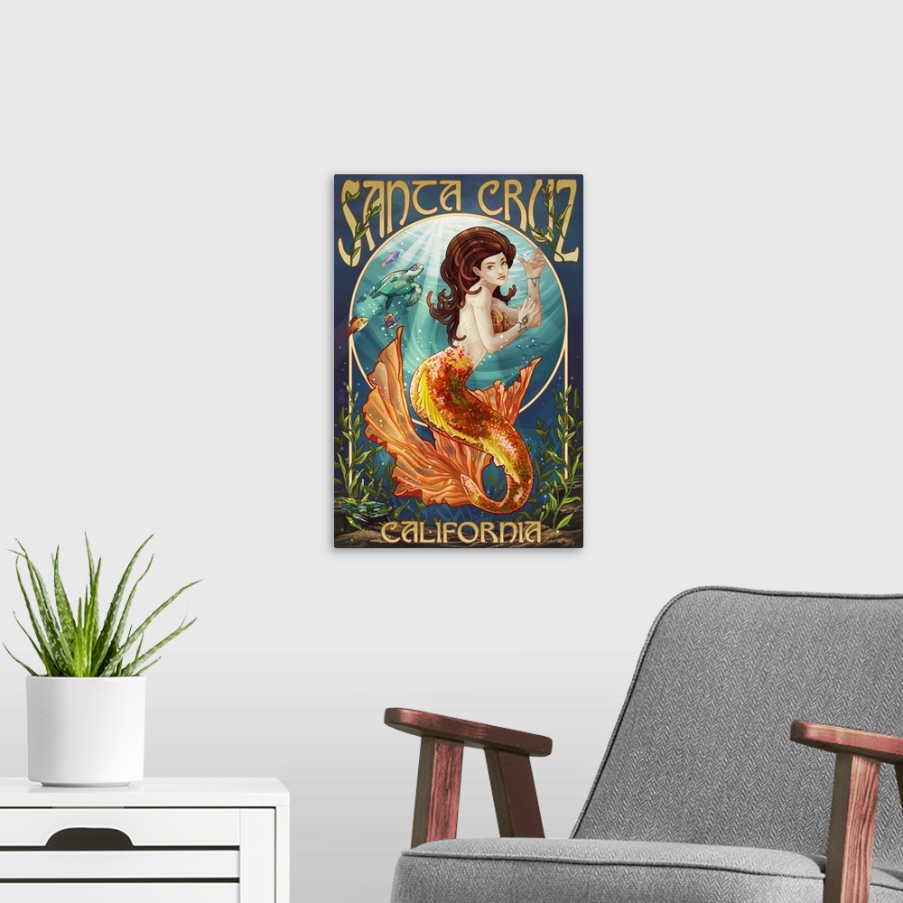 A modern room featuring Santa Cruz, California - Mermaid: Retro Travel Poster