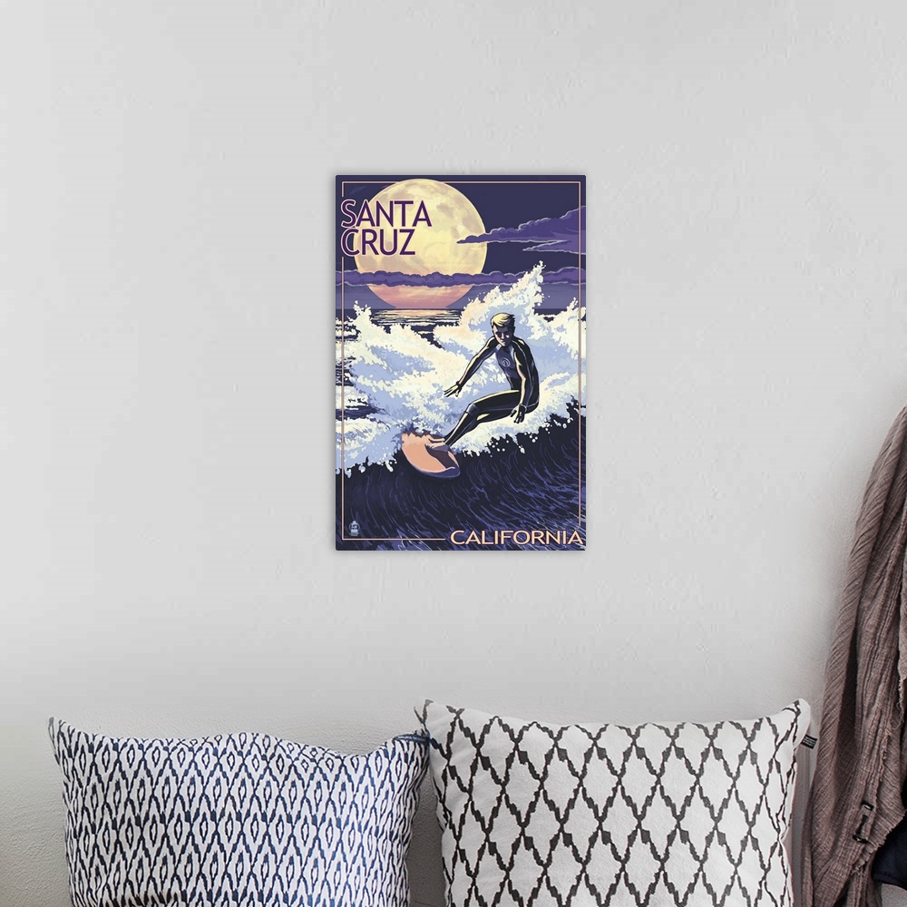A bohemian room featuring Retro stylized art poster of a surfer riding a wave at night, with a giant moon in the sky.