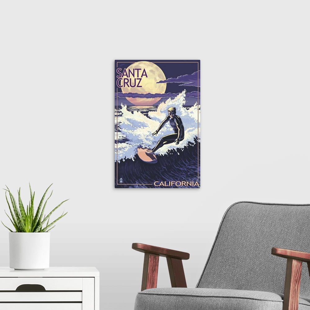 A modern room featuring Retro stylized art poster of a surfer riding a wave at night, with a giant moon in the sky.