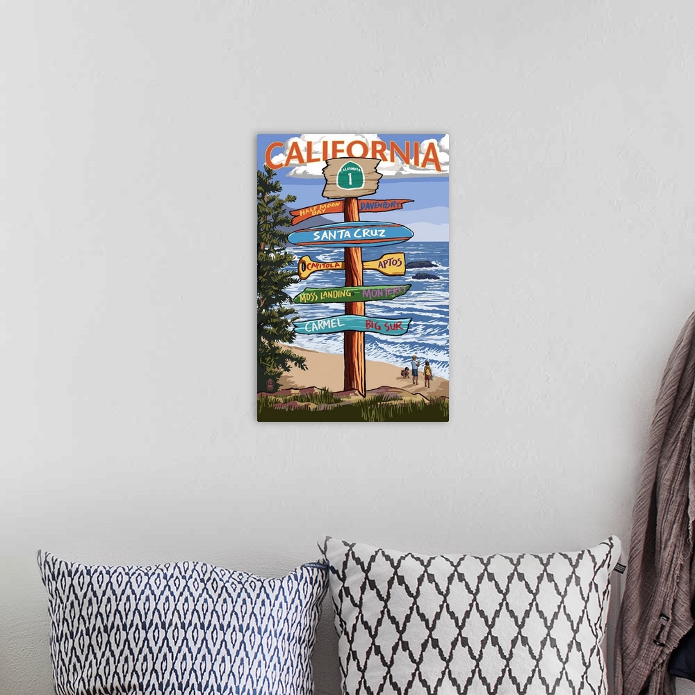 A bohemian room featuring Santa Cruz, California - Signpost Destinations: Retro Travel Poster