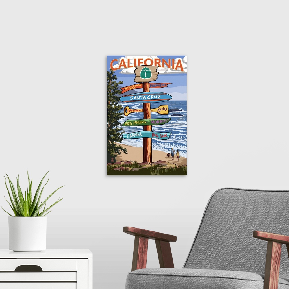 A modern room featuring Santa Cruz, California - Signpost Destinations: Retro Travel Poster