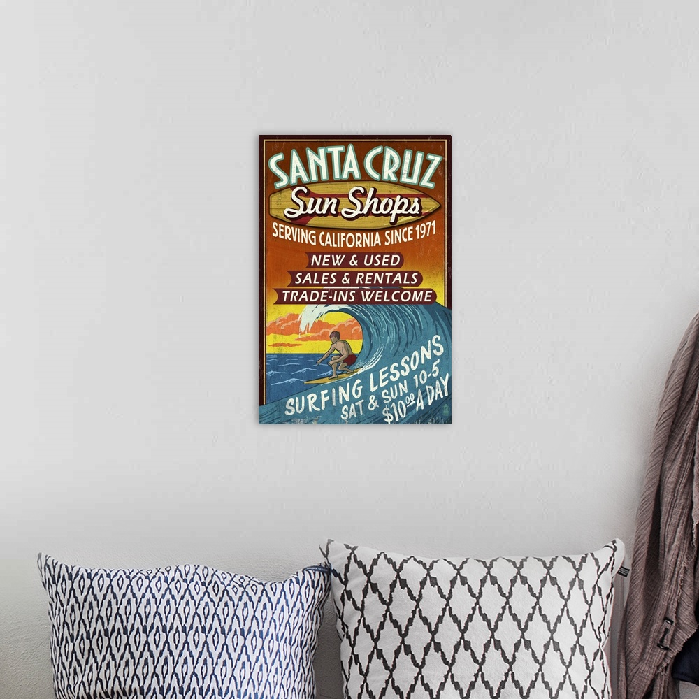 A bohemian room featuring Santa Cruz, California - Sun Shops Surf Shop Vintage Sign: Retro Travel Poster