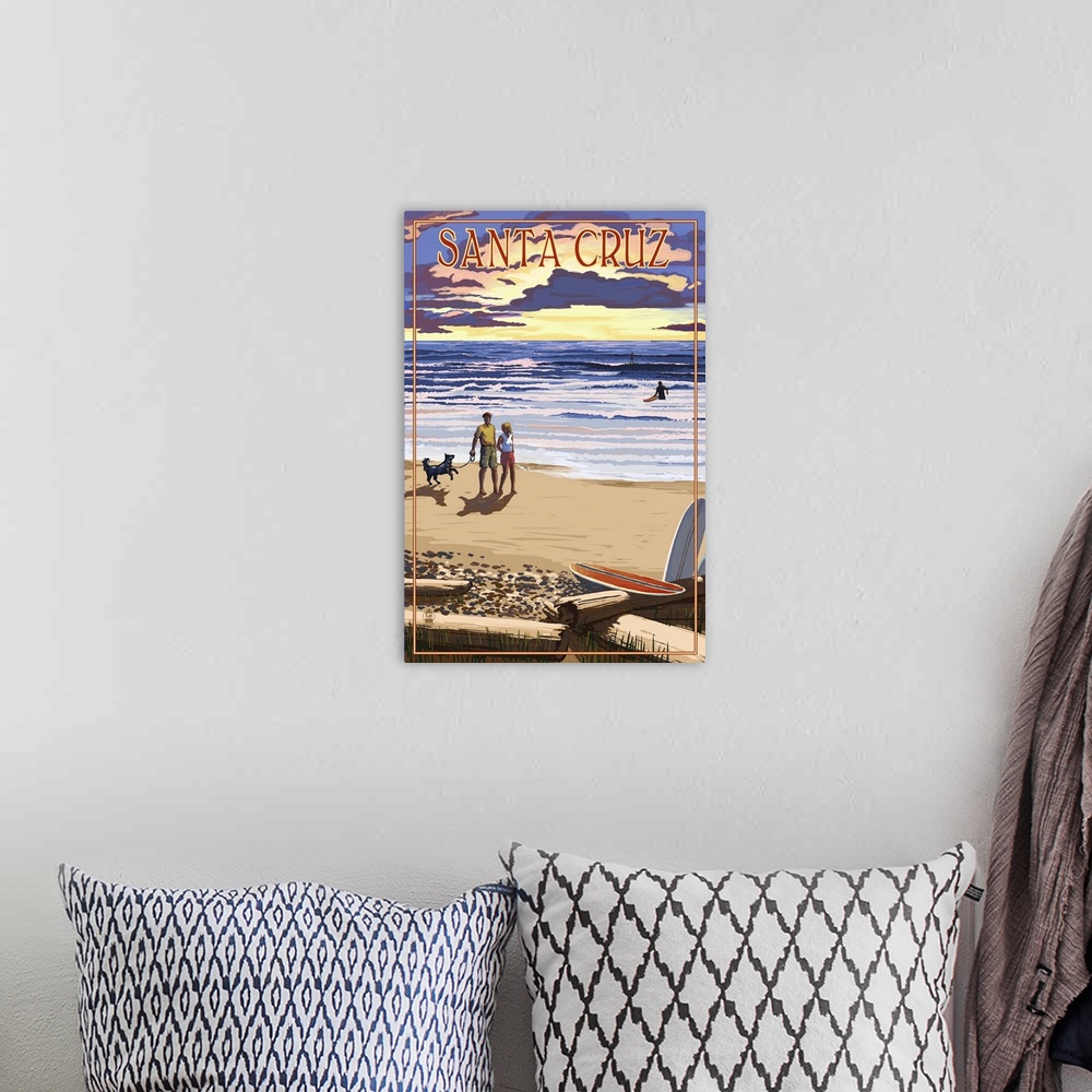 A bohemian room featuring Santa Cruz, California - Sunset Beach Scene: Retro Travel Poster