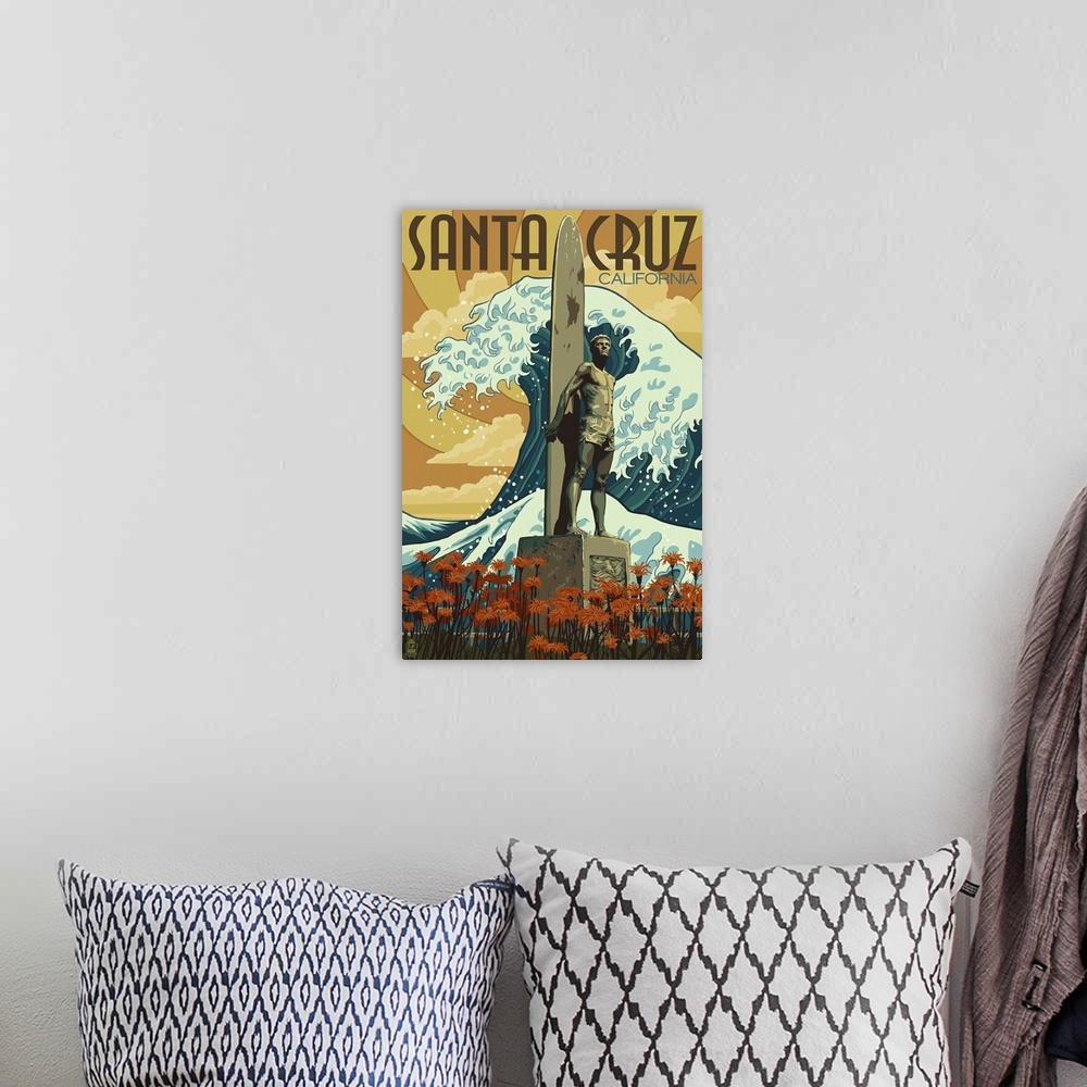 A bohemian room featuring Retro stylized art poster of a statue of a surfer with a longboard, with a giant wave in the back...
