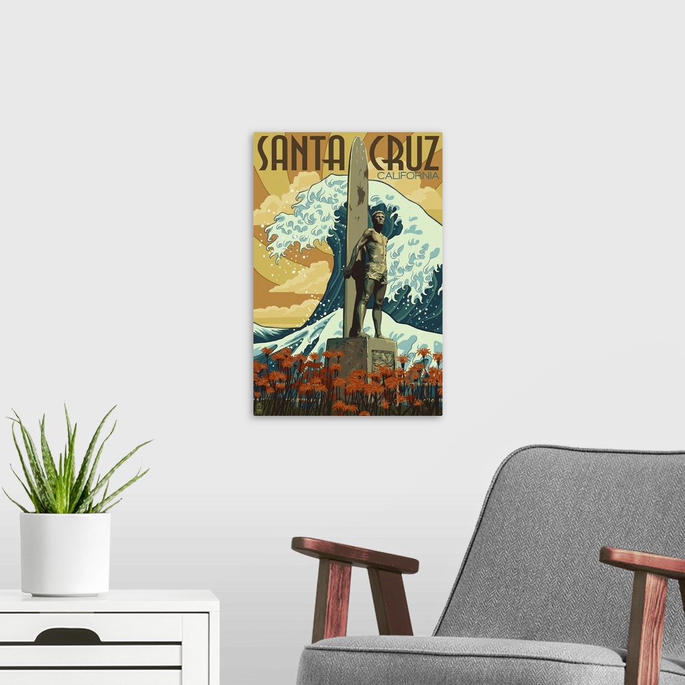 A modern room featuring Retro stylized art poster of a statue of a surfer with a longboard, with a giant wave in the back...