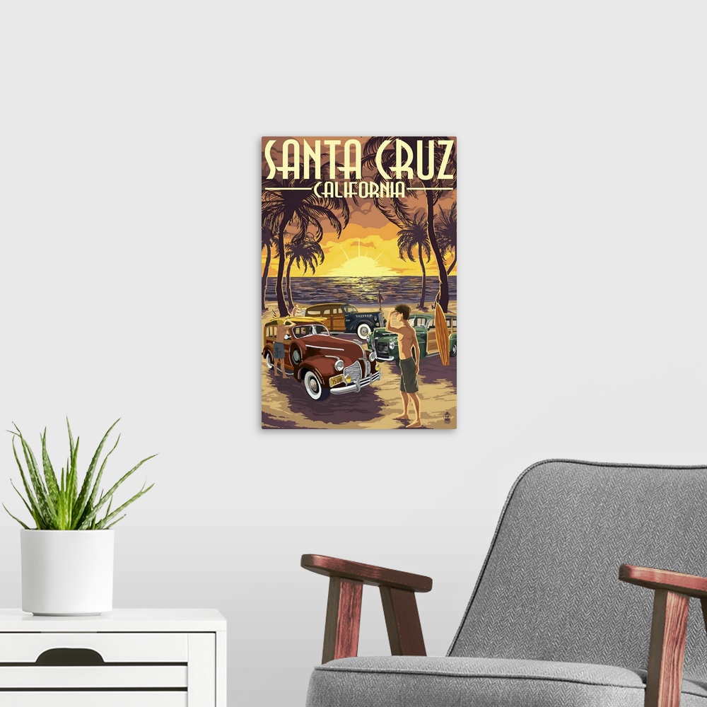 A modern room featuring Santa Cruz, California - Vintage Woodies on the Beach: Retro Travel Poster