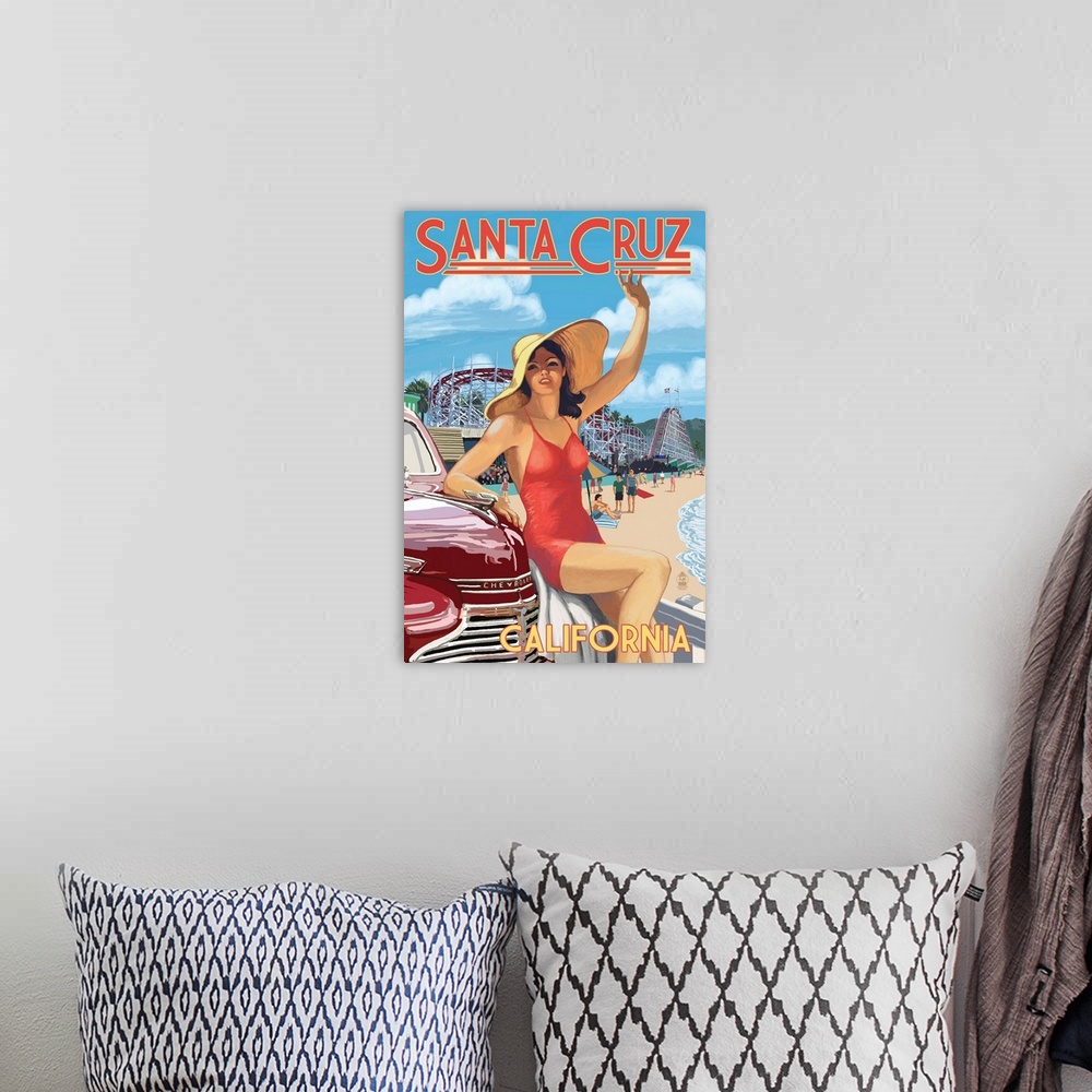 A bohemian room featuring Santa Cruz, California - Woman Waving and Rides: Retro Travel Poster