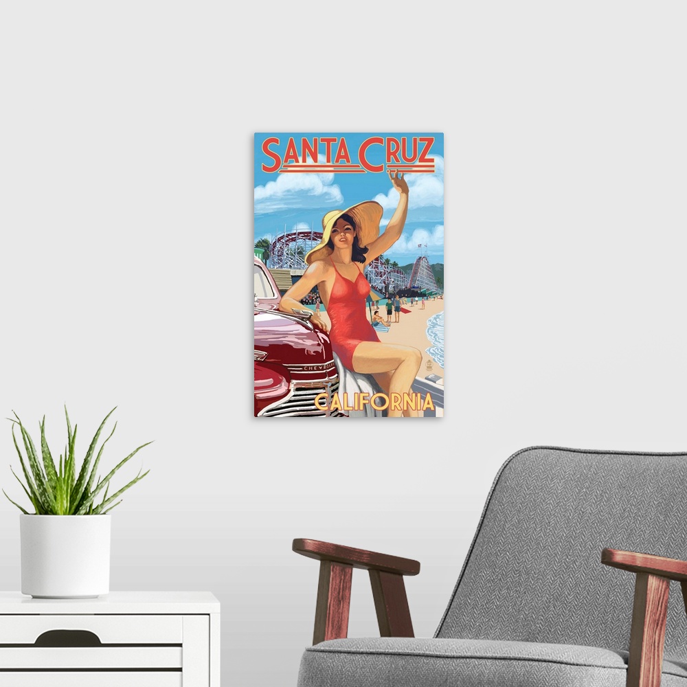 A modern room featuring Santa Cruz, California - Woman Waving and Rides: Retro Travel Poster