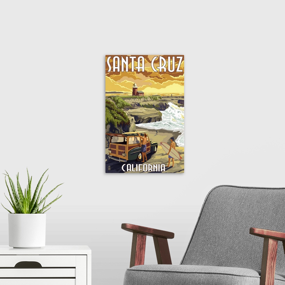 A modern room featuring Santa Cruz, California - Woody and Lighthouse: Retro Travel Poster