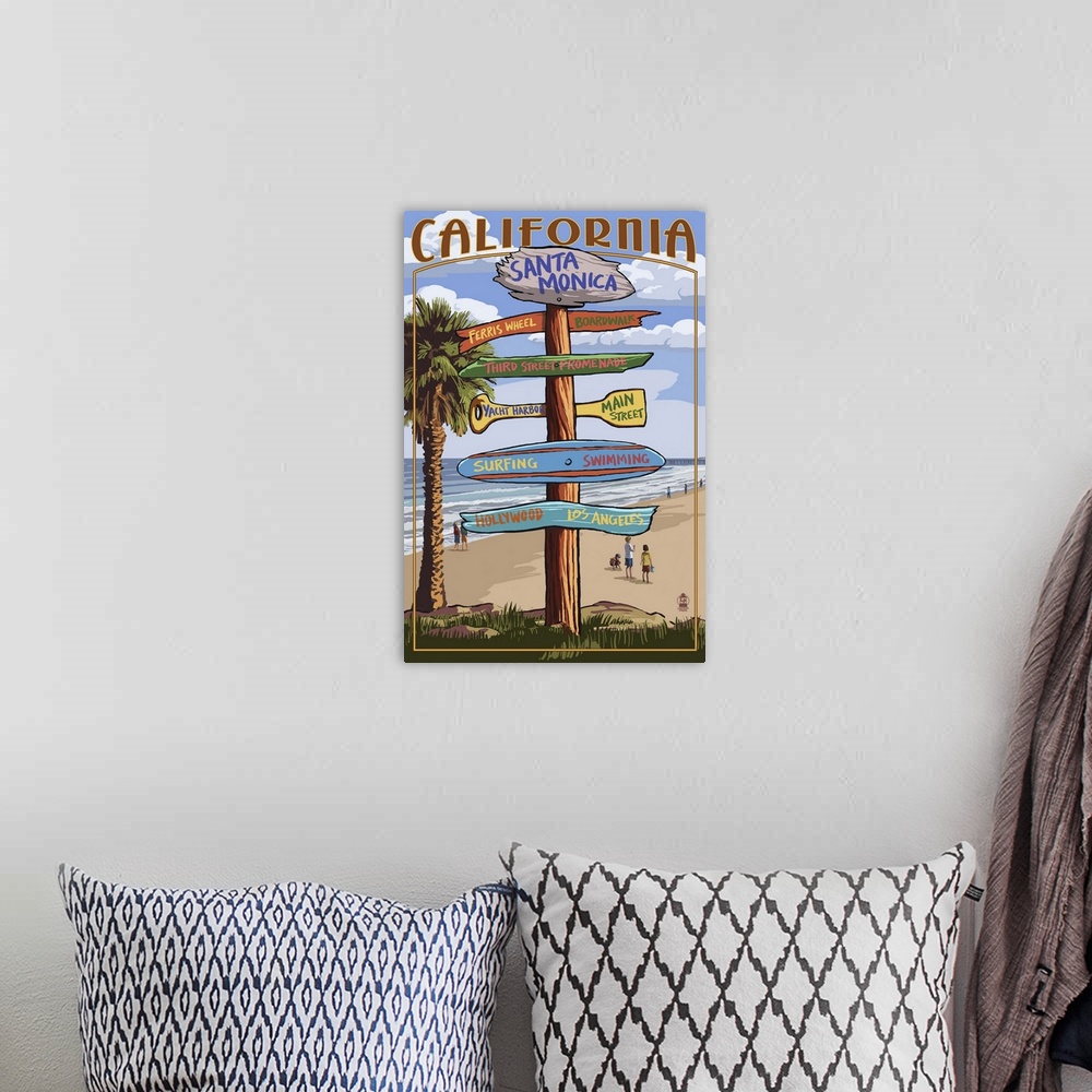 A bohemian room featuring Santa Monica, California - Destination Sign: Retro Travel Poster