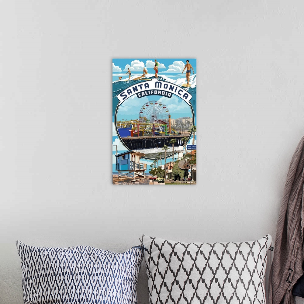 A bohemian room featuring Santa Monica, California - Montage Scenes: Retro Travel Poster