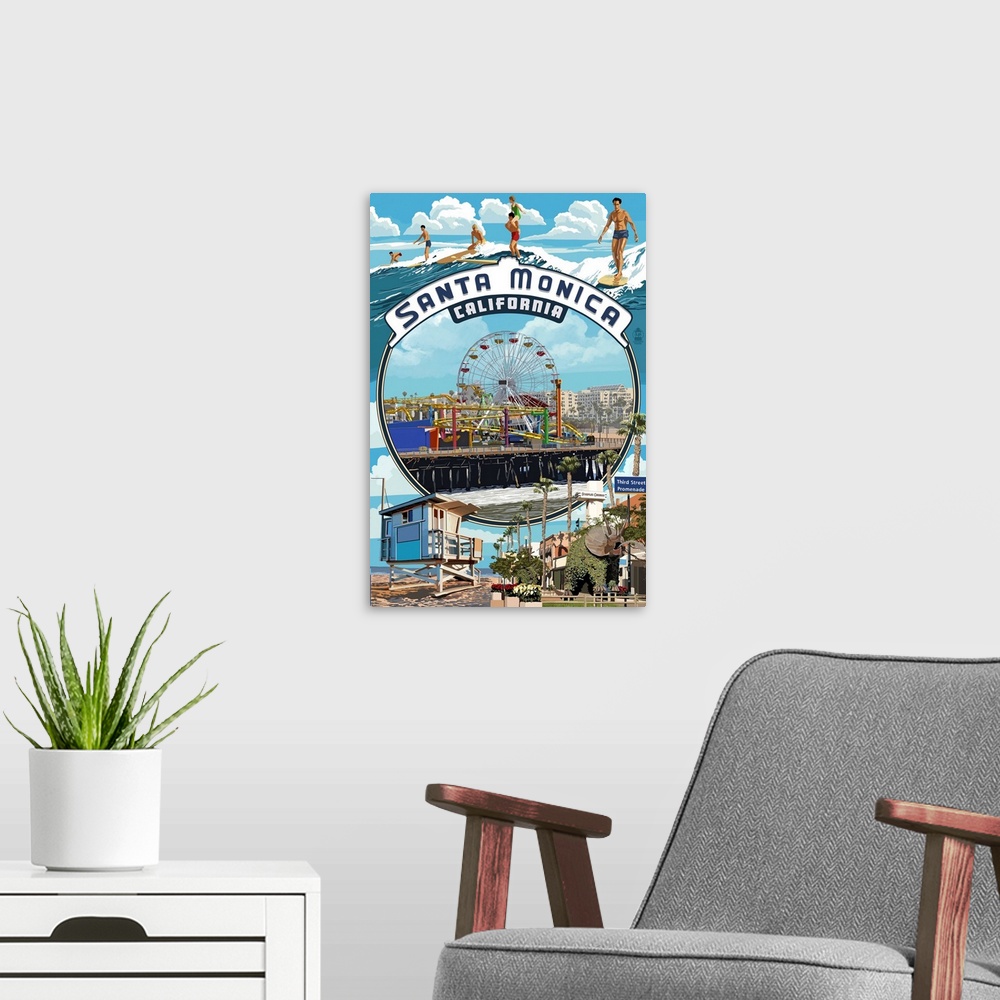 A modern room featuring Santa Monica, California - Montage Scenes: Retro Travel Poster