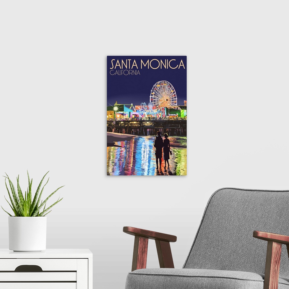 A modern room featuring Santa Monica, California - Pier at Night: Retro Travel Poster