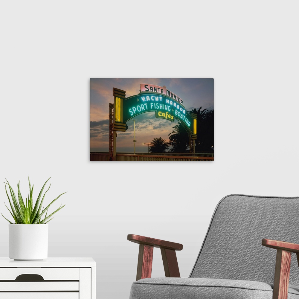 A modern room featuring Santa Monica, California, Pier at Sunset Sign