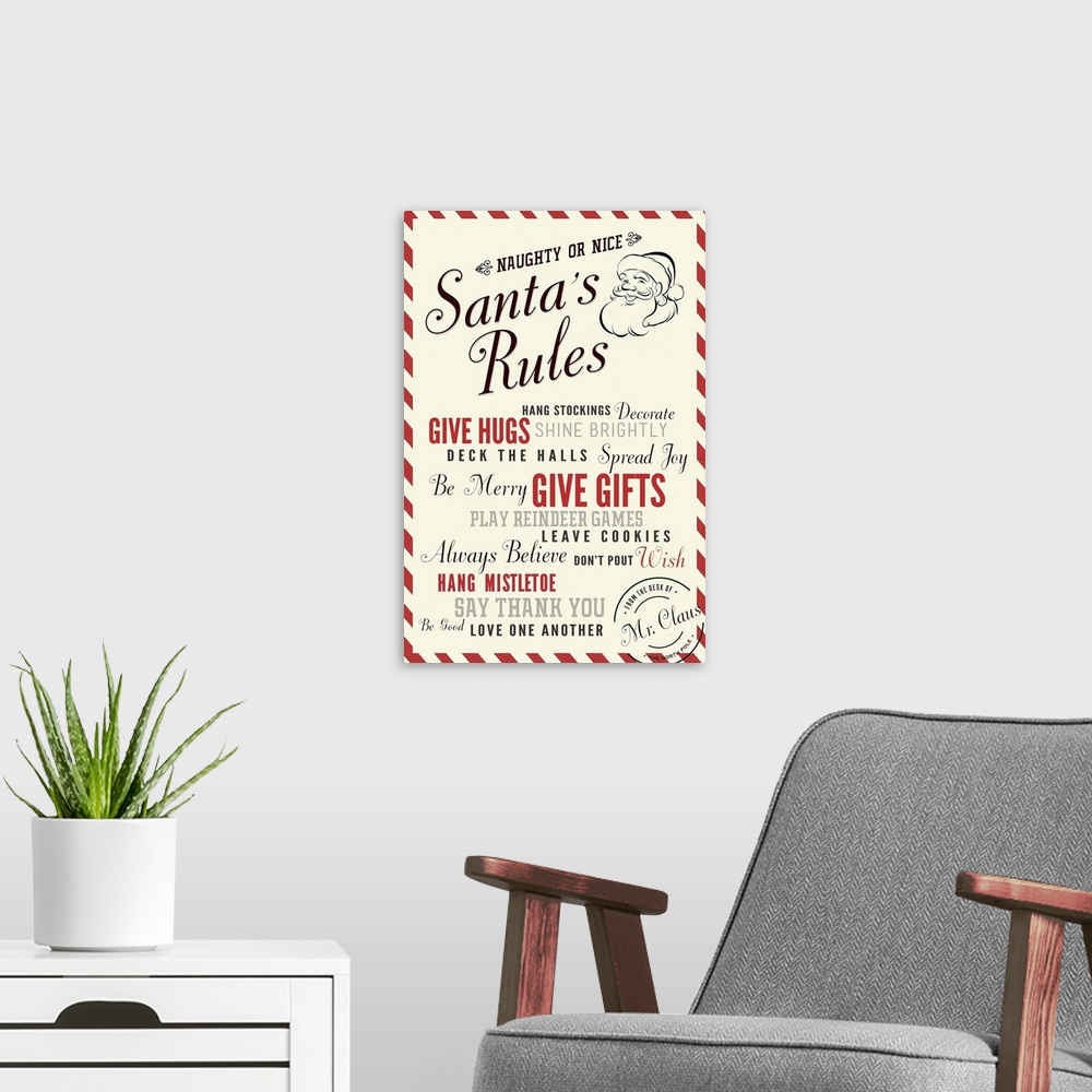 A modern room featuring Santa's Rules Typography