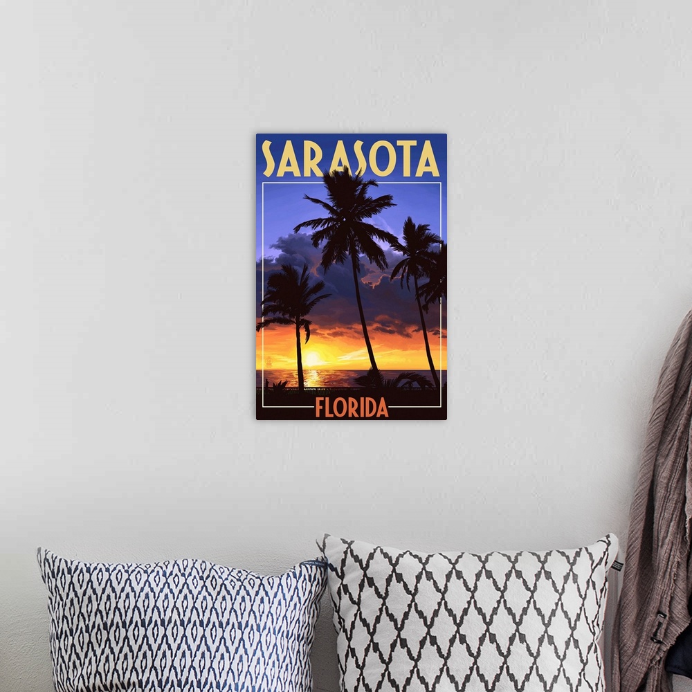 A bohemian room featuring Sarasota, Florida - Palms and Sunset: Retro Travel Poster