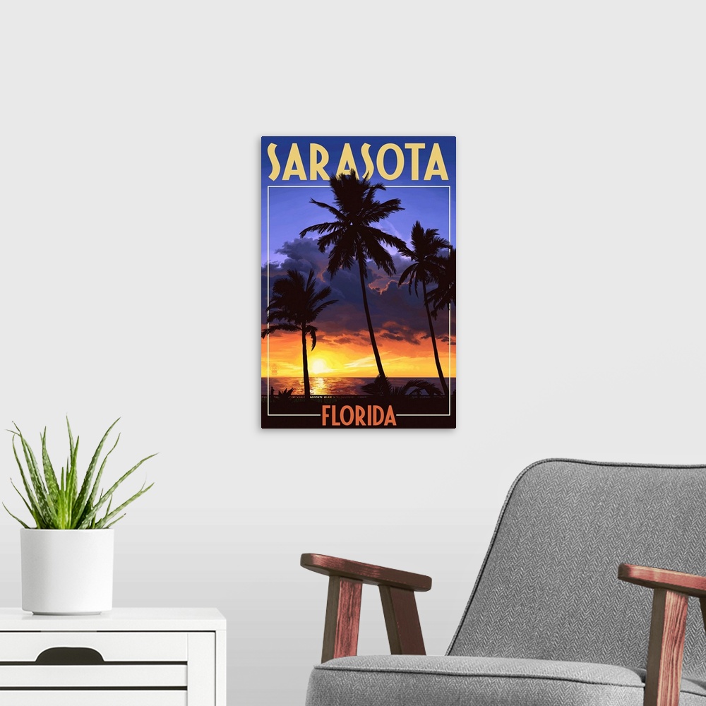 A modern room featuring Sarasota, Florida - Palms and Sunset: Retro Travel Poster