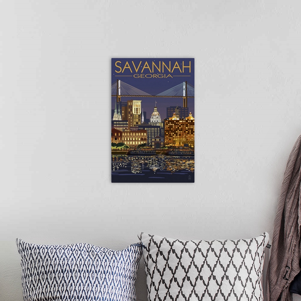 A bohemian room featuring Savannah, Georgia at Night: Retro Travel Poster