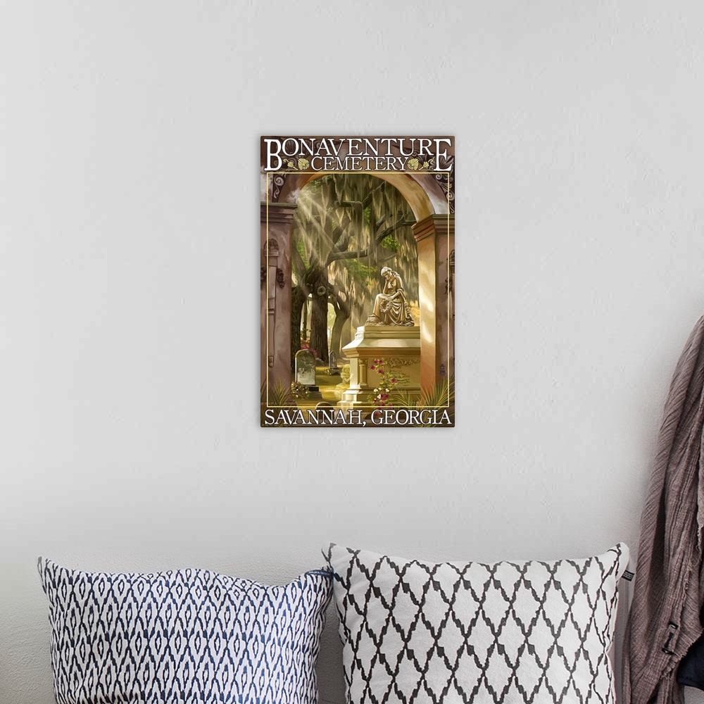 A bohemian room featuring Retro stylized art poster of a cemetery with a golden statue.