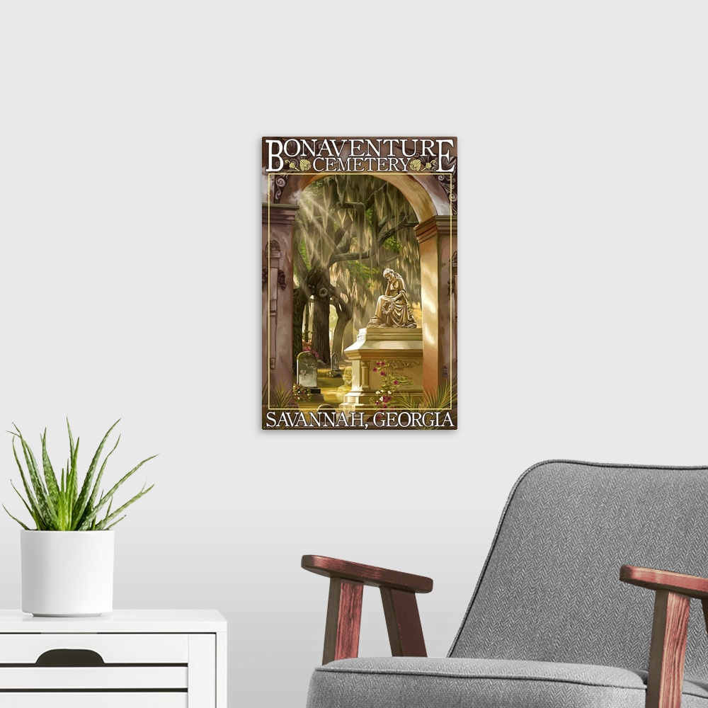 A modern room featuring Retro stylized art poster of a cemetery with a golden statue.