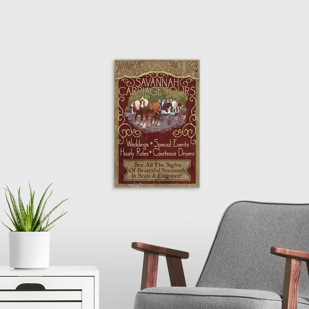 A modern room featuring Retro stylized art poster of vintage sign for carriage tours, with a horse drawn carriage.