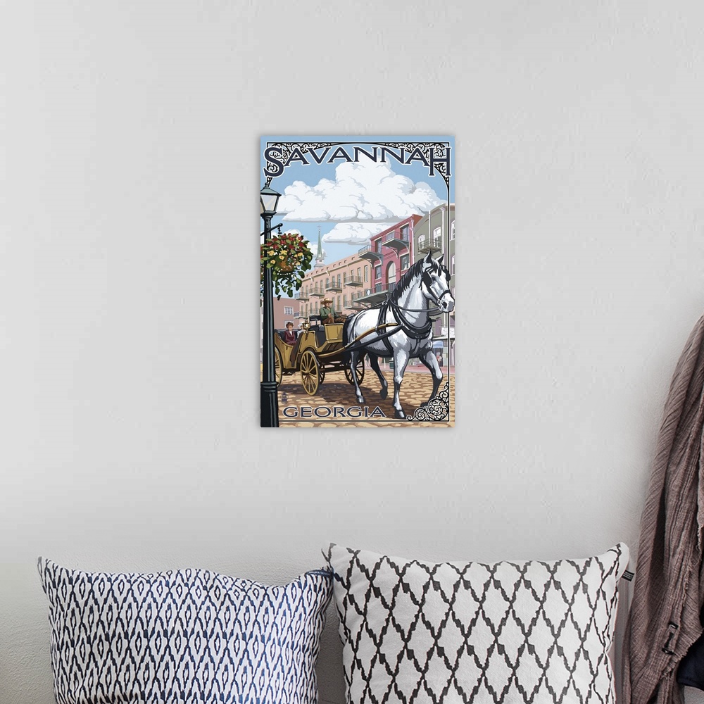 A bohemian room featuring Retro stylized art poster of a white horse pulling a carriage on a coblestone road
